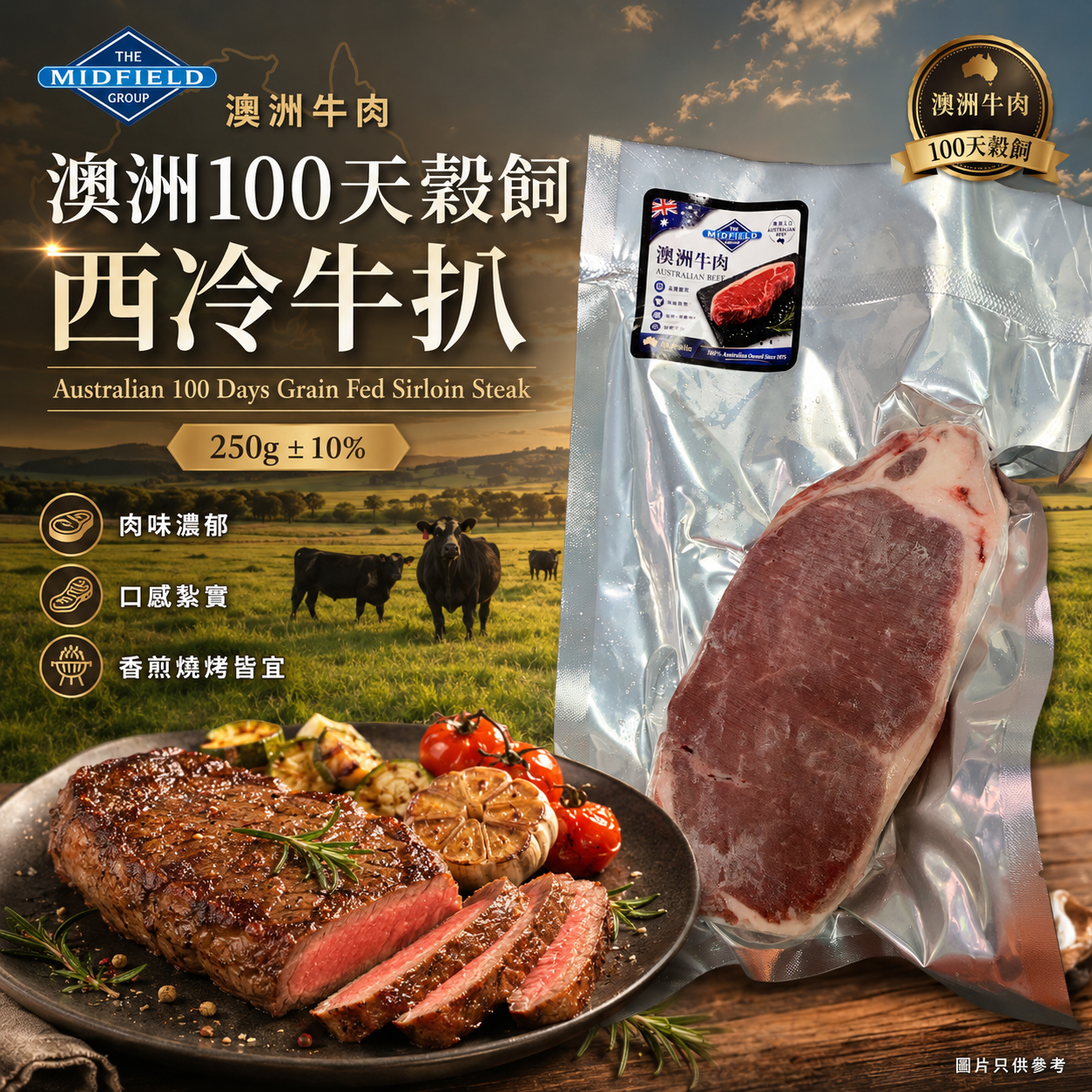 澳洲 100 天穀飼西冷牛扒 250g ±10%|Australian 100 Days Grain Fed Sirloin Steak