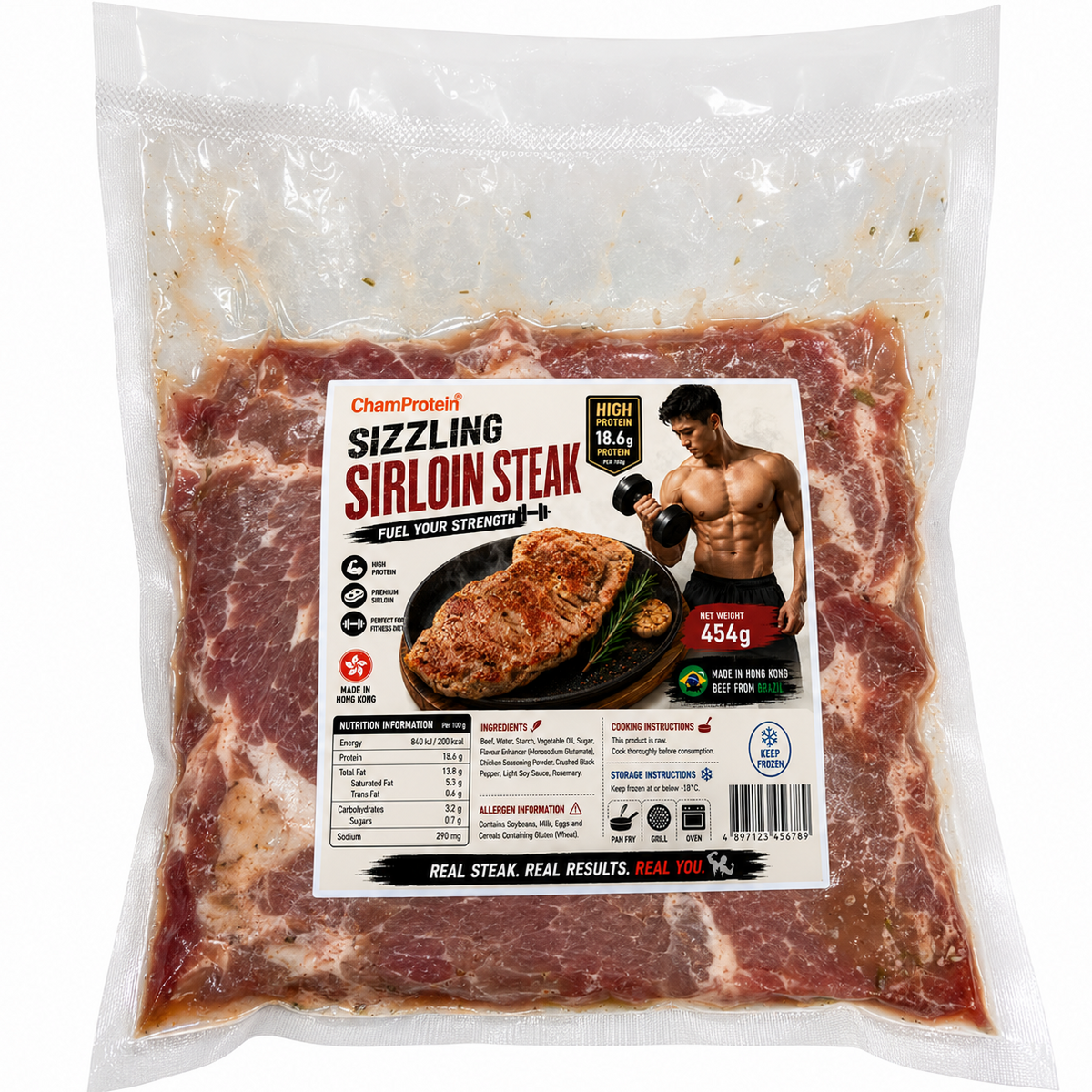 ChamProtein® Sizzling Sirloin Steak 高蛋白鐵板風格厚切西冷牛扒 454g|每100g 18.6g蛋白質|香港製造|巴西牛肉|健身高蛋白牛扒