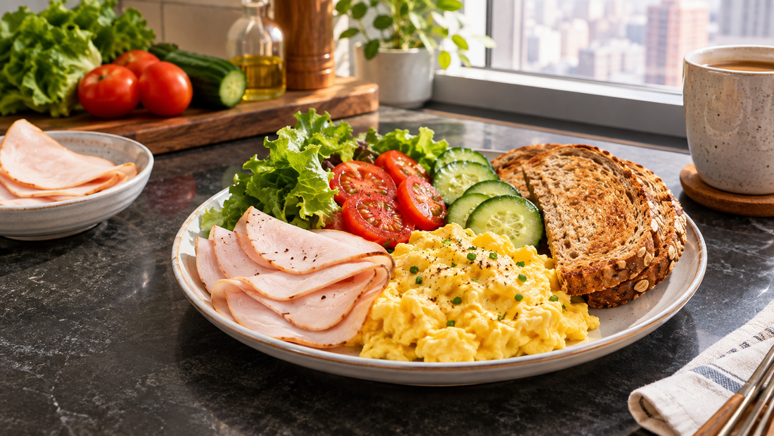 How to pair turkey breast luncheon meat with breakfast? Pair it with a high-protein sandwich or scrambled eggs like this — convenient and easy to control nutrition.