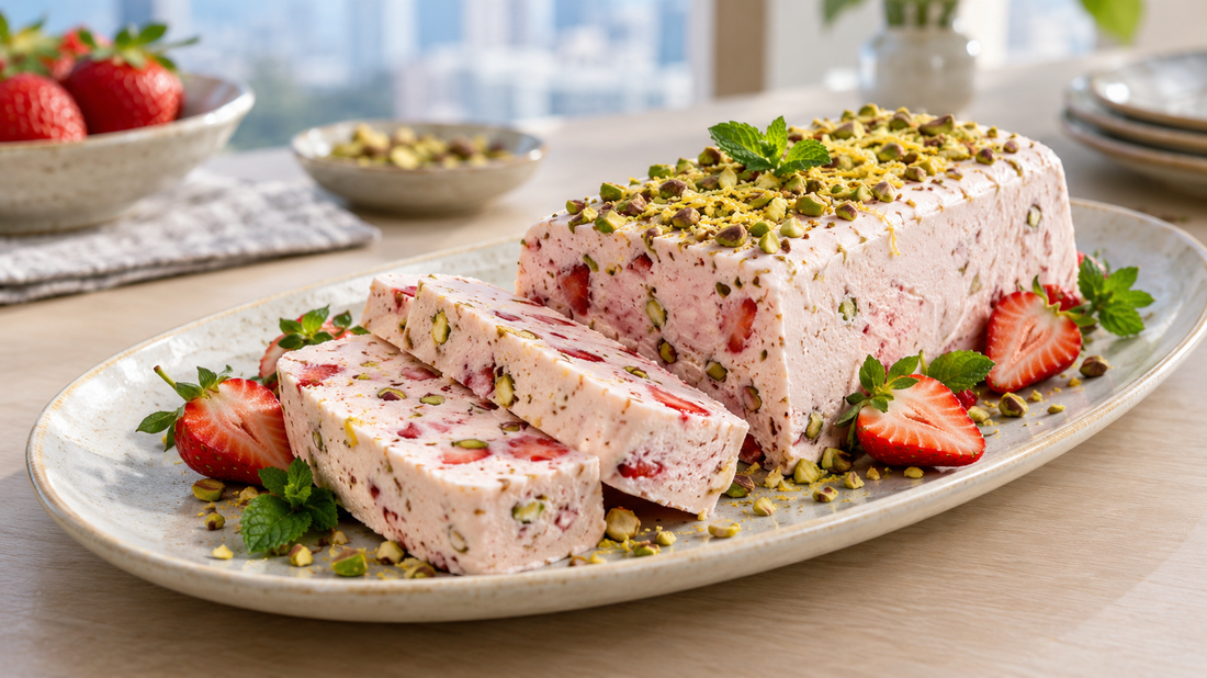 Strawberry Pistachio Greek Yoghurt Frozen Cake