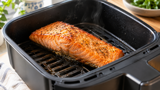 How to use an air fryer for skin-on frozen salmon fillets? Master thickness, thawing and core temperature for crispy skin and tender flesh.
