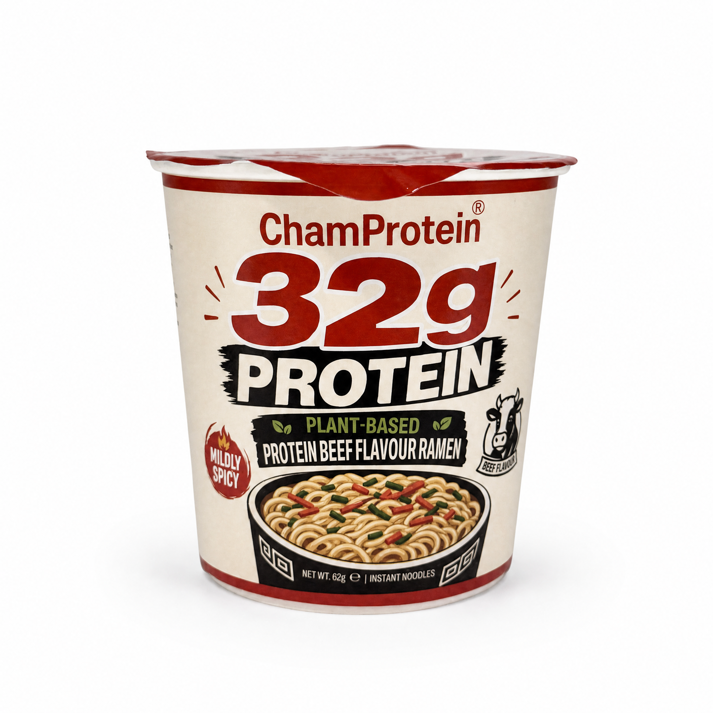 ChamProtein® 32g Protein 高蛋白牛肉味杯麵 62g｜每杯32g蛋白質｜227kcal｜植物基微辣健身即食麵[常溫]