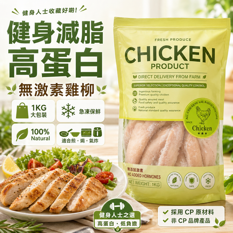 無激素雞柳1KG｜CP原材料雞小胸｜平替皇家農場ROYAL FARM｜精選部位｜100%純天然｜無防腐劑｜無激素｜無抗生素｜⚠️ iqf技術導致雞肉部分發白是正常情況請安心食用⚠️介意慎買 不退換