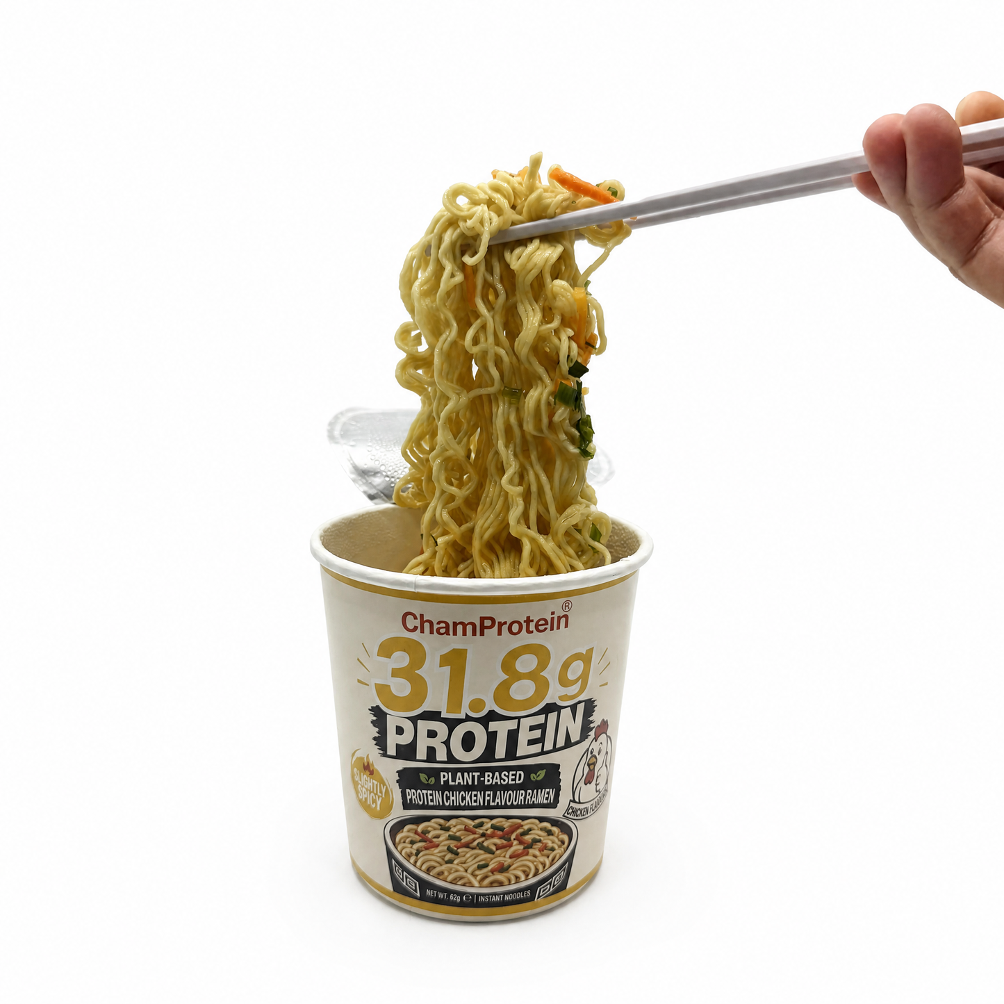 ChamProtein® 31.8g Protein 高蛋白雞湯味杯麵 62g｜每杯31.8g蛋白質｜223kcal｜植物基微辣健身即食麵[常溫]