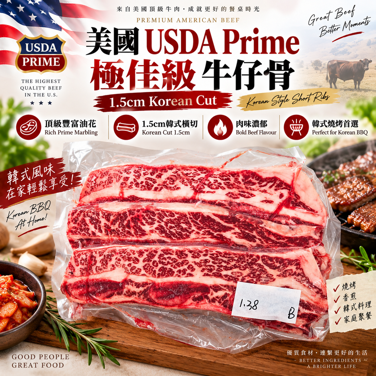 美國 USDA Prime 極佳級牛仔骨 1.5cm 韓式橫切｜Korean Cut Short Ribs｜韓燒 BBQ 推薦