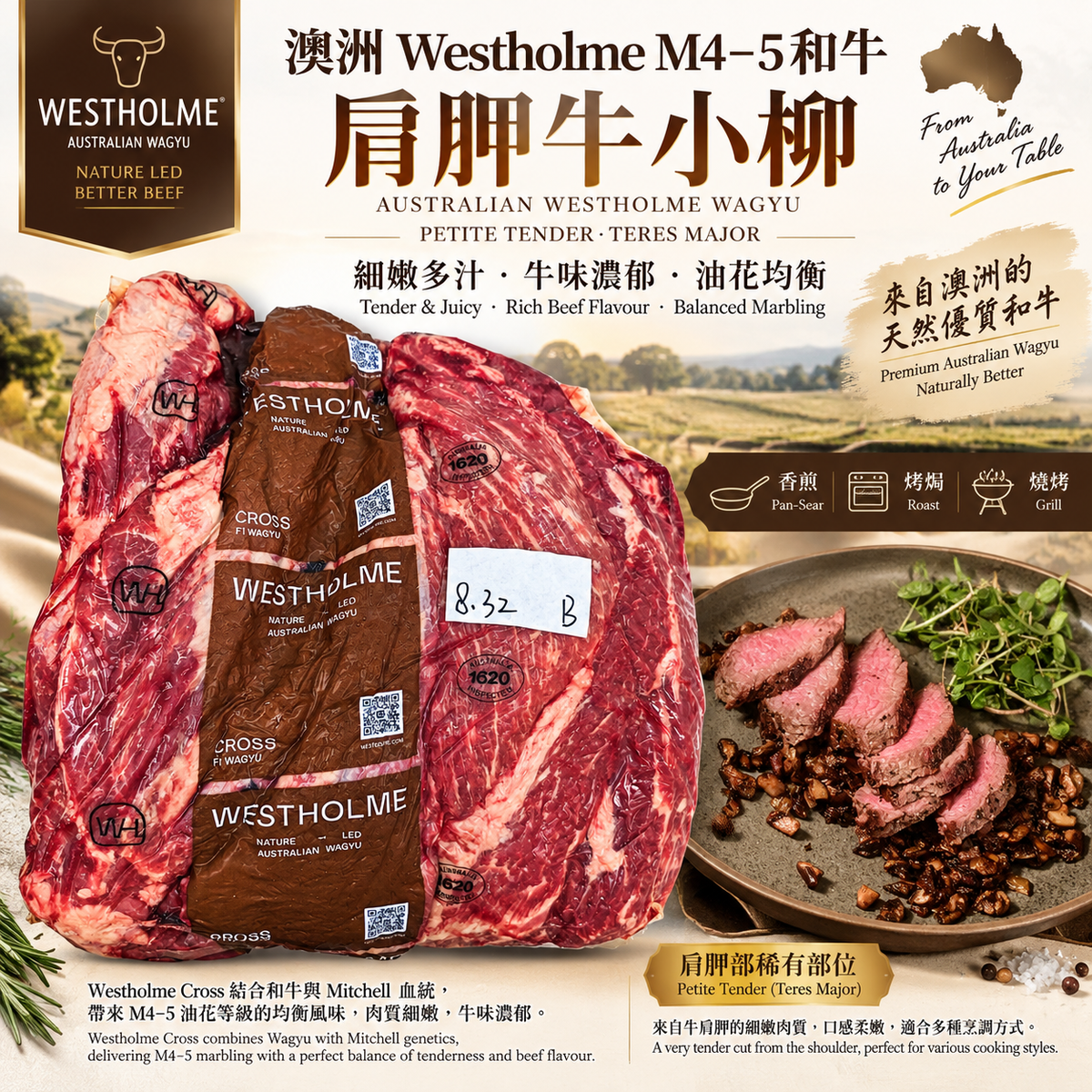 澳洲 Westholme M4–5 和牛肩胛牛小柳｜Australian Wagyu Petite Tender · Teres Major｜細嫩多汁｜油花均衡｜牛味濃郁⚠️冷凍發貨｜牛柳口感 不建議切割