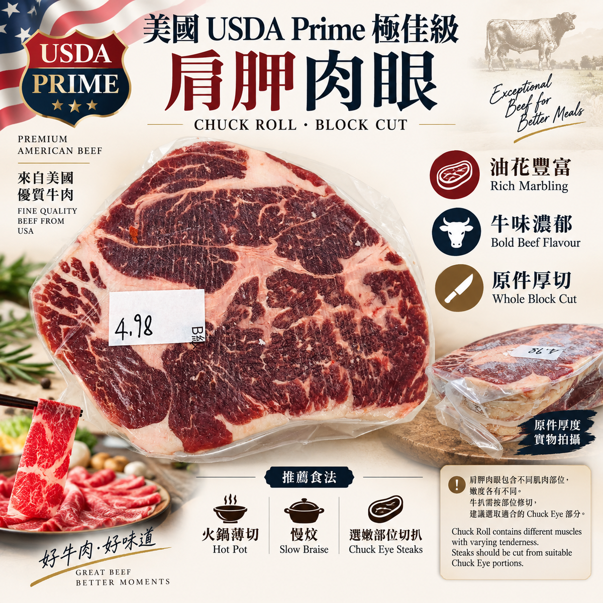 美國 USDA Prime 極佳級肩胛肉眼厚切原件｜Chuck Roll Block Cut｜油花豐富・火鍋・慢炆・切扒推薦