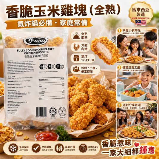 Tyson 香脆玉米雞塊 1KG| Fully Cooked Cornflakes Chicken Nuggets｜全熟即熱｜馬來西亞製造｜氣炸鍋家庭必備