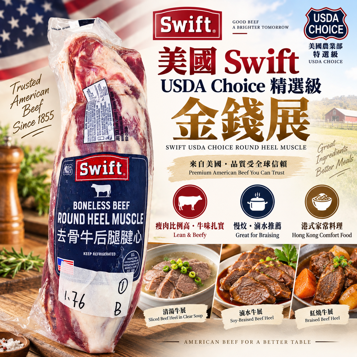 美國 Swift USDA Choice 精選級金錢展｜去骨牛後腿腱心 Round Heel Muscle｜滷水・清湯・慢燉推薦