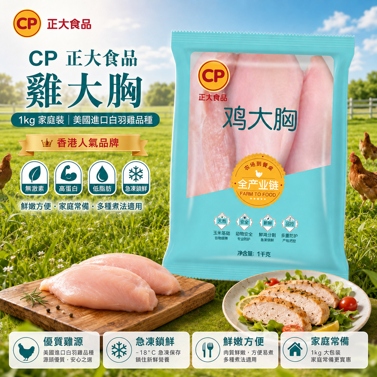 【新產品特價】CP 正大食品 雞大胸 1kg｜100%無激素｜美國進口白羽雞品種