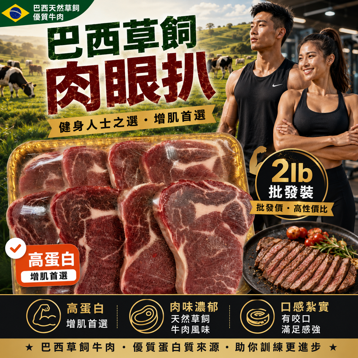 巴西草飼肉眼扒 2lb｜高蛋白｜批發裝｜健身增肌之選｜Brazilian Grass Fed Ribeye Steak