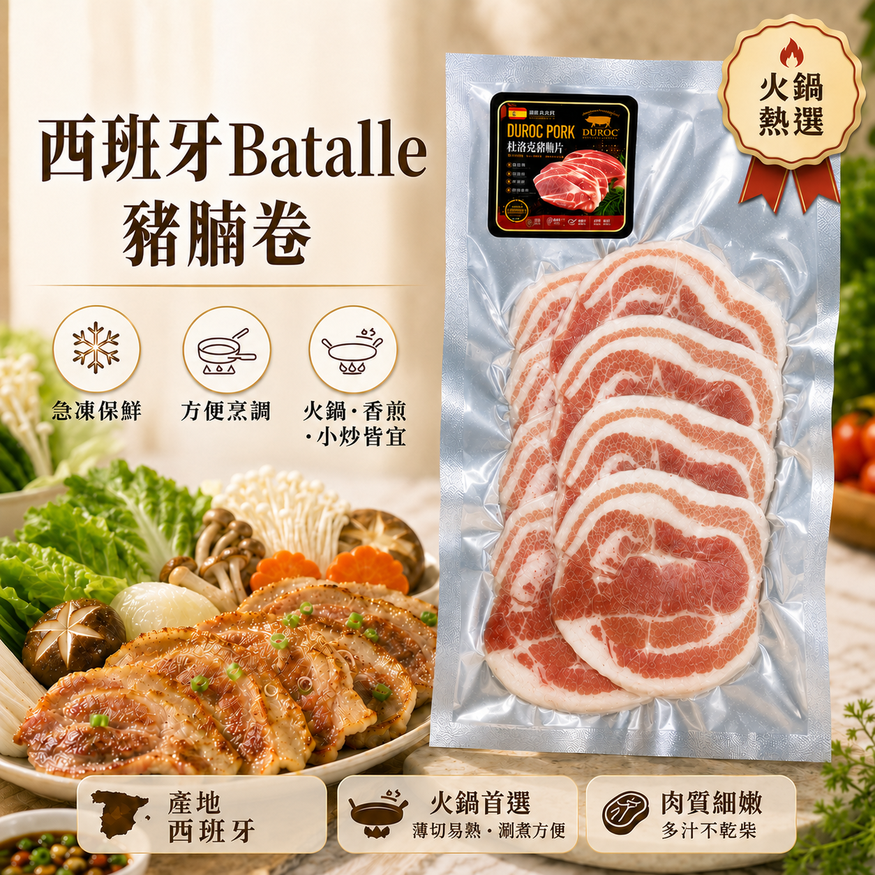 西班牙 Batallé 豬腩卷｜杜洛克｜薄切急凍豬腩片250g｜肥瘦相間・肉香濃郁｜火鍋／壽喜燒／香煎／小炒