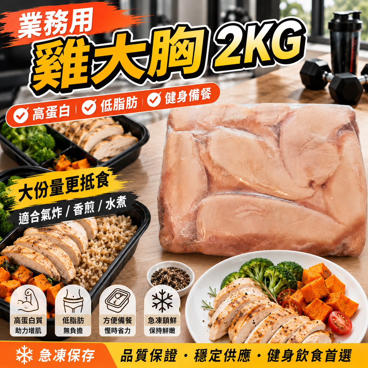 業務用雞大胸 2KG｜急凍去皮雞胸肉｜板凍雞胸磚｜高蛋白低脂｜健身 Meal Prep・餐廳大包裝