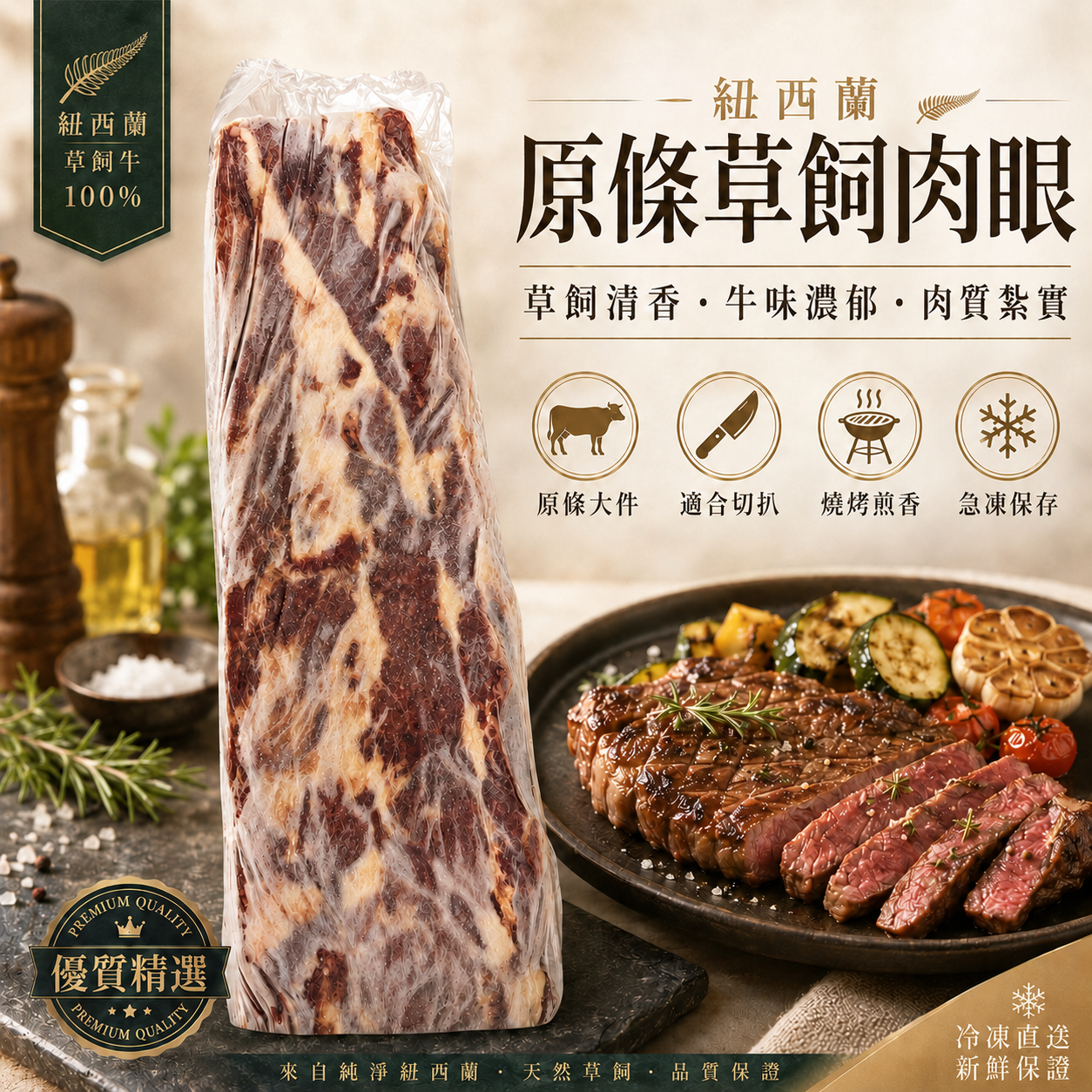 「原條牛肉」紐西蘭🇳🇿草飼肉眼｜合適煎牛扒｜預設發原條⚠️需要加工必須whatsapp客服｜⚠️直接落單（$120/磅）