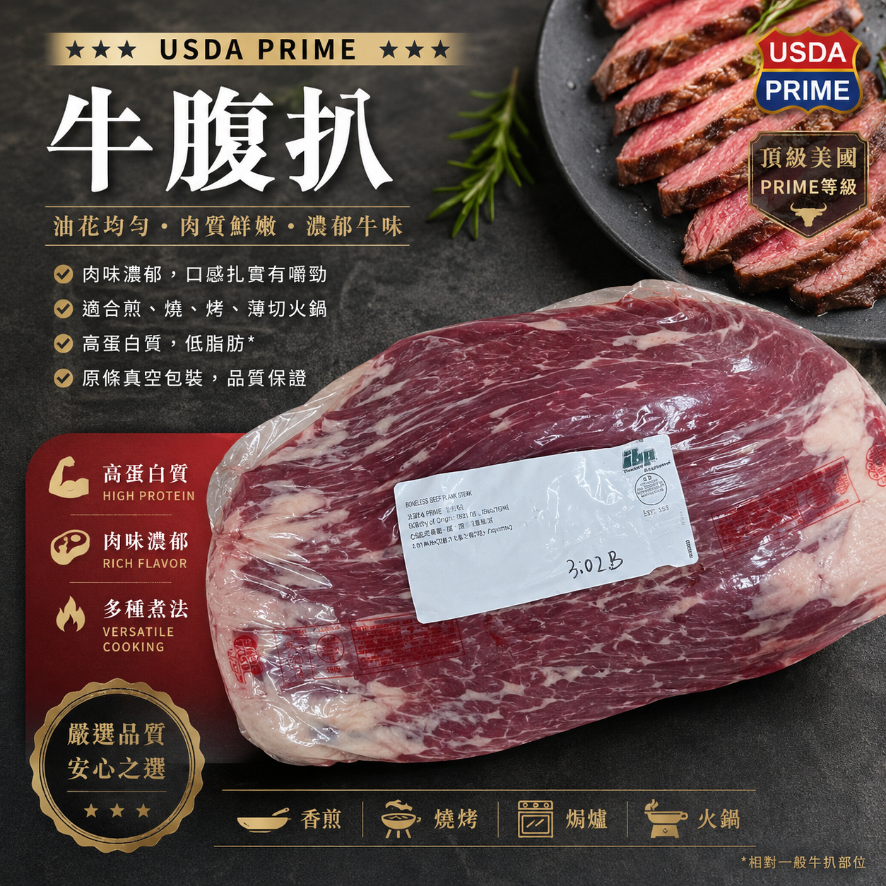 【原條牛肉】美國 USDA Prime 牛腹扒 Flank Steak｜原條牛肉｜香煎燒烤 BBQ｜新樂批發注意冷凍發貨（需要切割請聯繫客服⚠️不聯繫發原條）