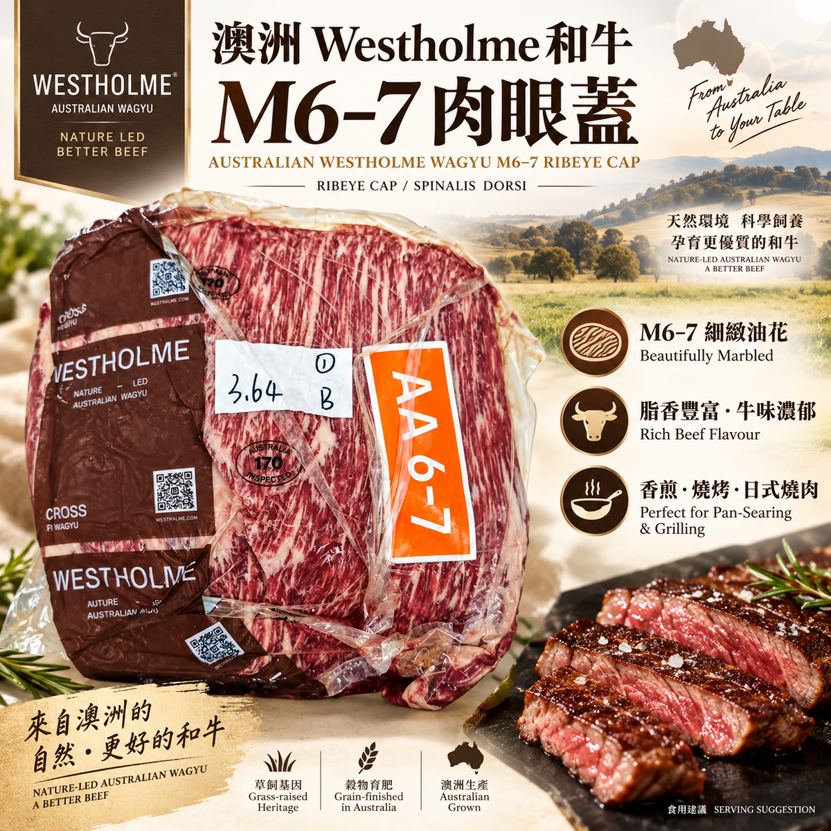 澳洲 Westholme M6–7 和牛肉眼蓋｜Wagyu Ribeye Cap｜油花豐富・香煎燒烤推薦