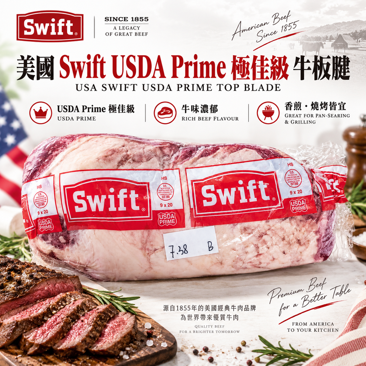 美國 Swift USDA Prime 極佳級牛板腱原件｜Top Blade Beef｜油花豐富・牛味濃郁