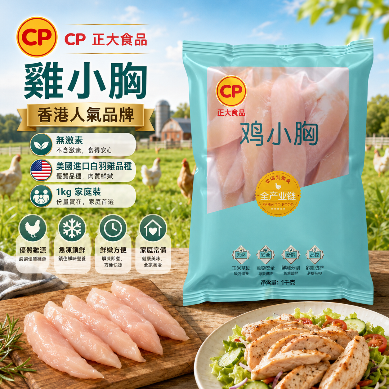 【新產品特價】CP 正大食品 雞小胸 1kg｜無激素｜美國進口白羽雞品種｜急凍雞柳 / 雞小胸