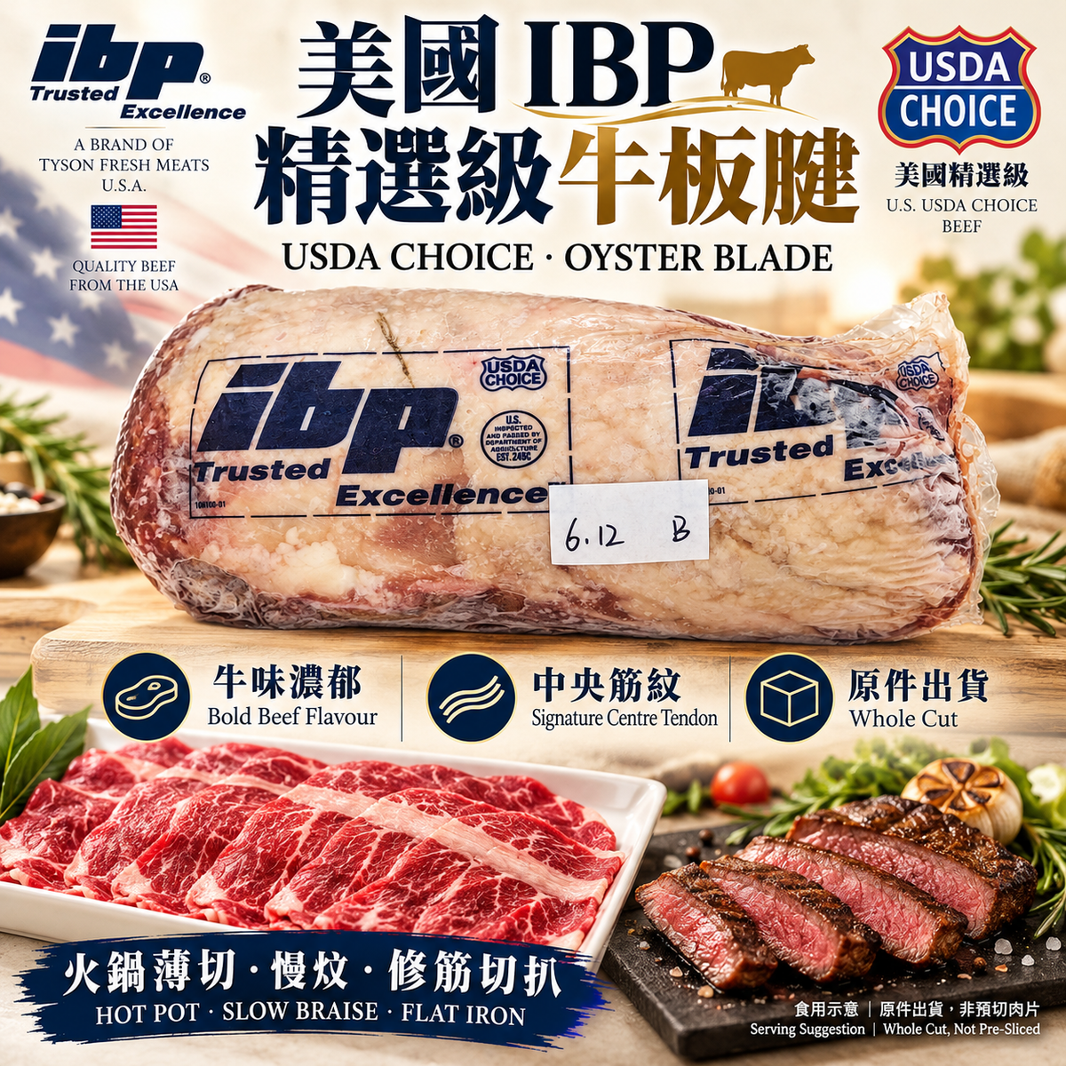 美國 IBP USDA Choice 精選級牛板腱 USDA Choice Oyster Blade · Top Blade