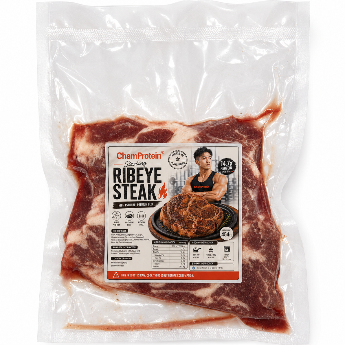 ChamProtein® Ribeye Steak 高蛋白鐵板風格肉眼牛扒 454g｜每100g 14.7g蛋白質｜巴西牛肉｜香港製造｜健身高蛋白牛扒